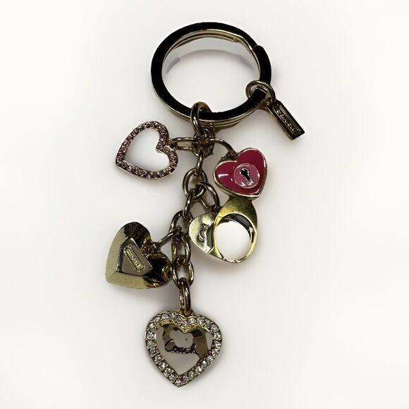 Authentic Coach Multi Heart Charm Keychain Bag Clip Gold & Pink Love Collection - Picture 1 of 3